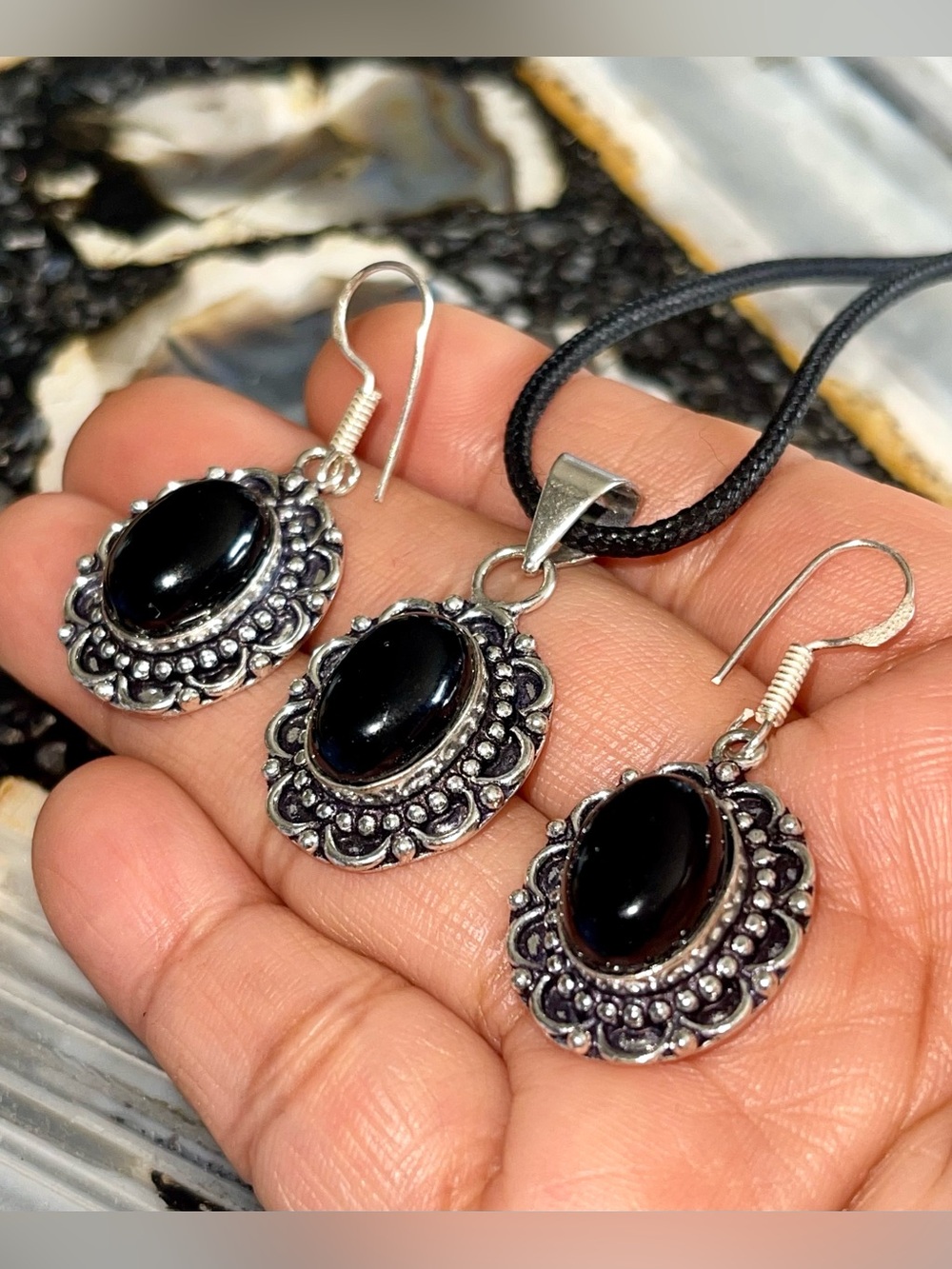 Dainty Black Onyx Pendant & Earrings Set 1 1/2”